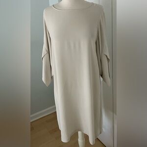 Eileen Fisher NWOT Ivory Silk Georgette Crepe Tulip Sleeves Shift Dress Size PM